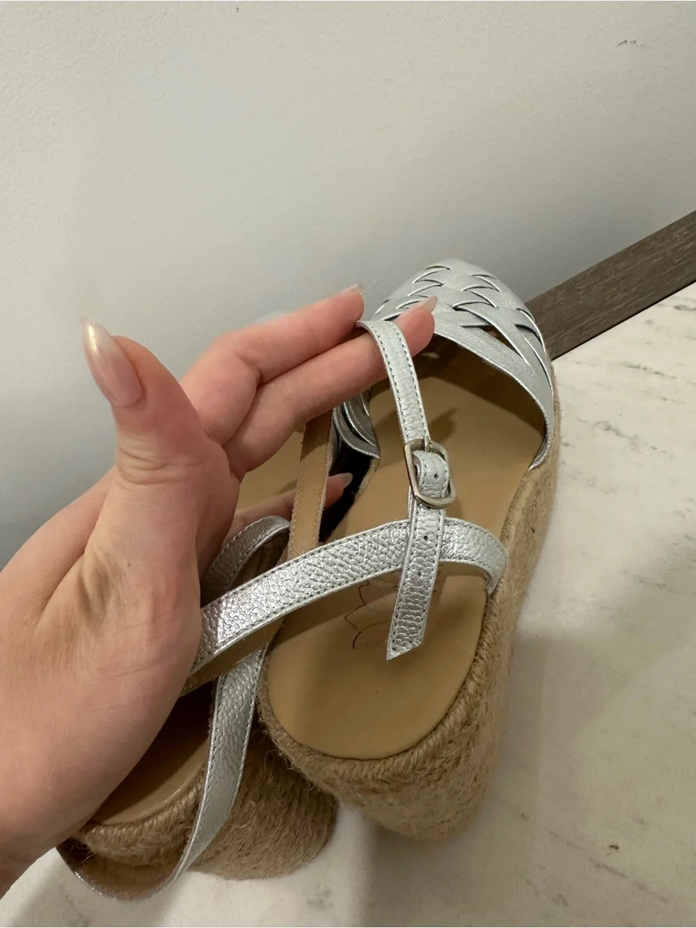 Metallic Silver Woven Espadrille Platform Wedge Sandals